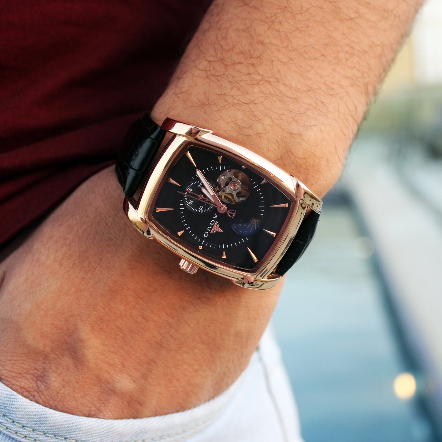 Aquo Eclipse automatic men watch black dial rose gold case black genuine leather crocodile design belt sun and moon dial skeleton design backcase movement window gold trim