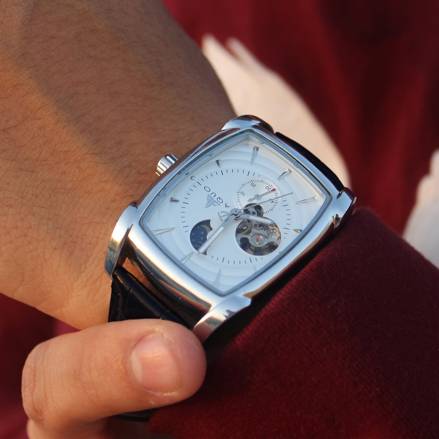 Aquo Ishraq automatic men watch white dial bright silver case black genuine leather crocodile design belt sun and moon dial skeleton design backcase movement window silver trim