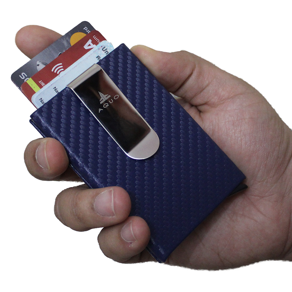 Blue Wallet Cardholder RFID Blocking PU Leather Credit cards Ids Carbon fiber design