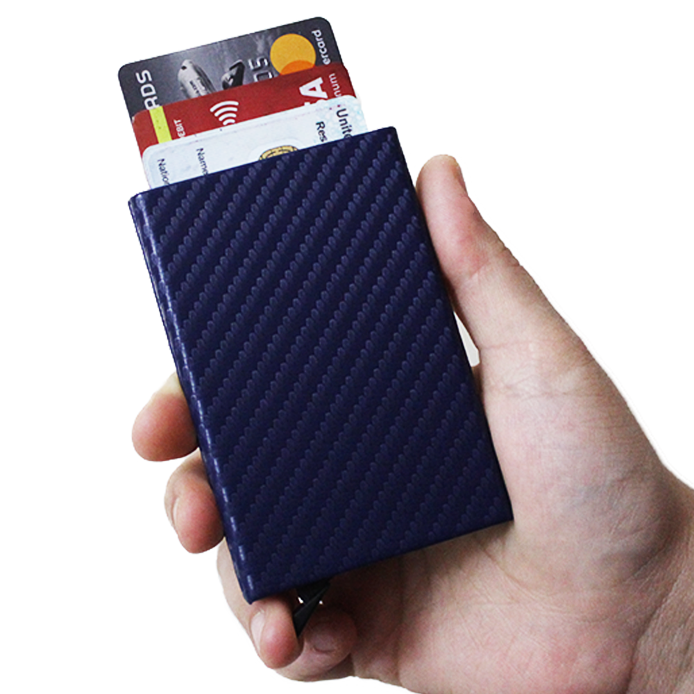 Blue Wallet Cardholder RFID Blocking PU Leather Credit cards Ids Carbon fiber design