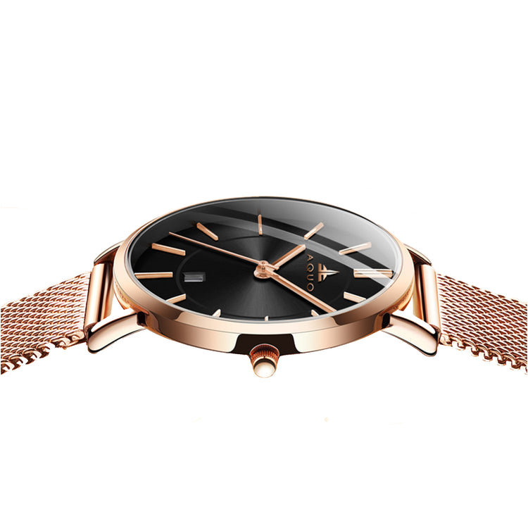 Aquo Amber women watch black dial rose gold case golden mesh belt steel date classy