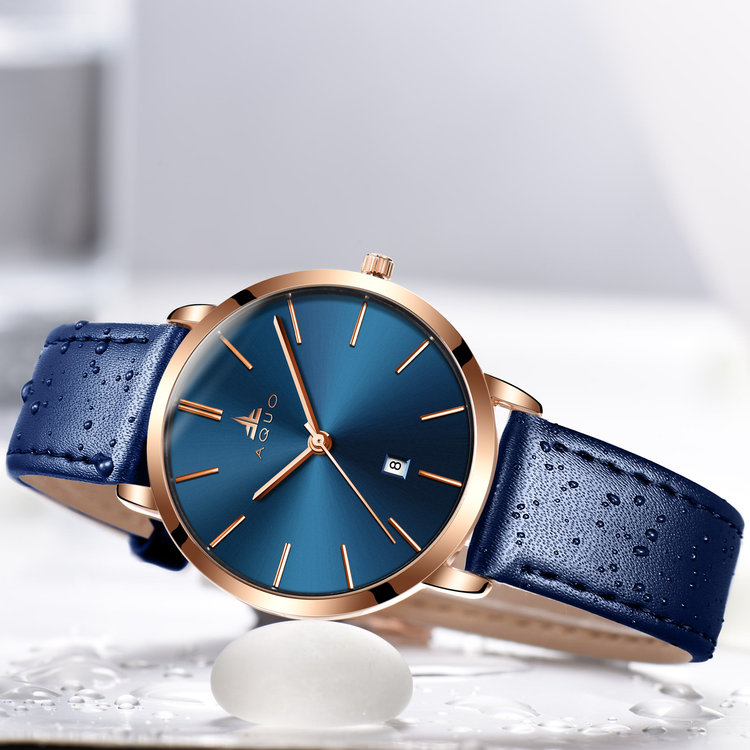 Aquo Azure women blue dial rose gold case blue genuine leather belt date classy elegant blue rose