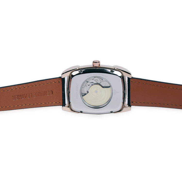 Aquo Eclipse automatic men watch black dial rose gold case black genuine leather crocodile design belt sun and moon dial skeleton design backcase movement window gold trim