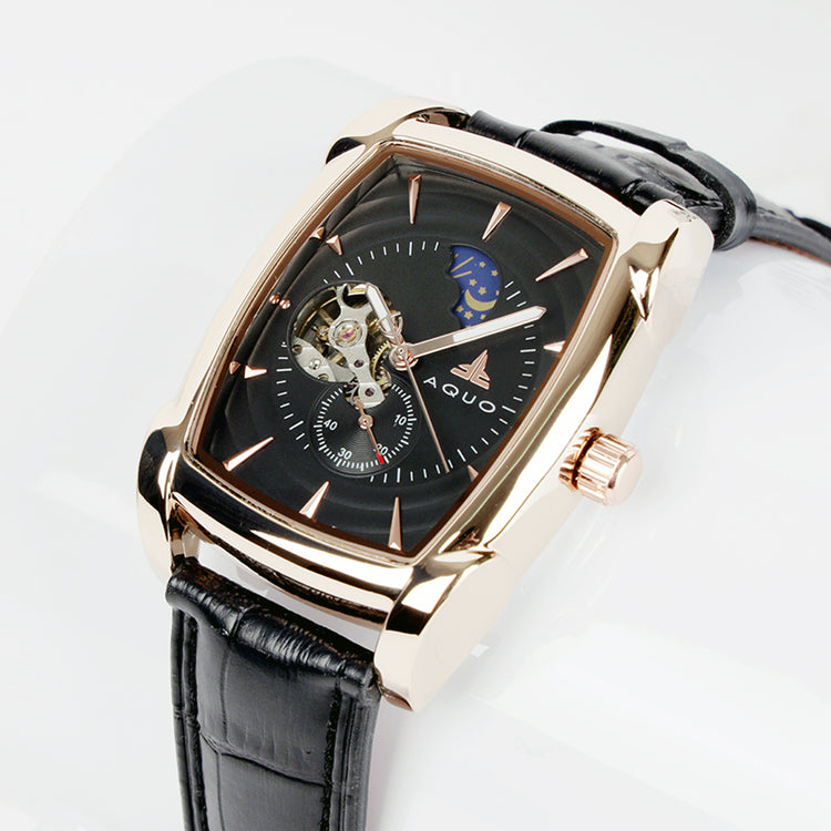 Aquo Eclipse automatic men watch black dial rose gold case black genuine leather crocodile design belt sun and moon dial skeleton design backcase movement window gold trim