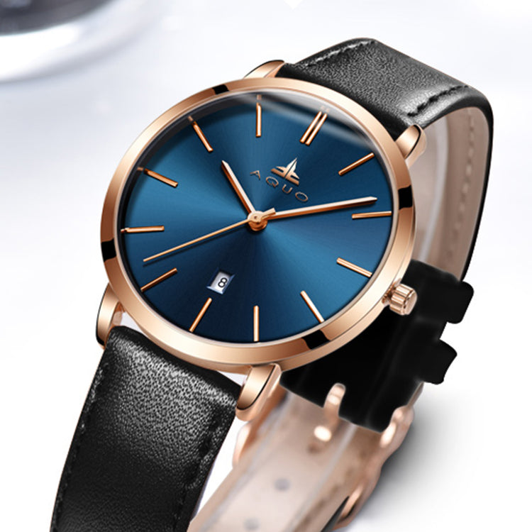 Aquo Iris women blue dial rose gold case dark black genuine leather belt date classy elegant black rose