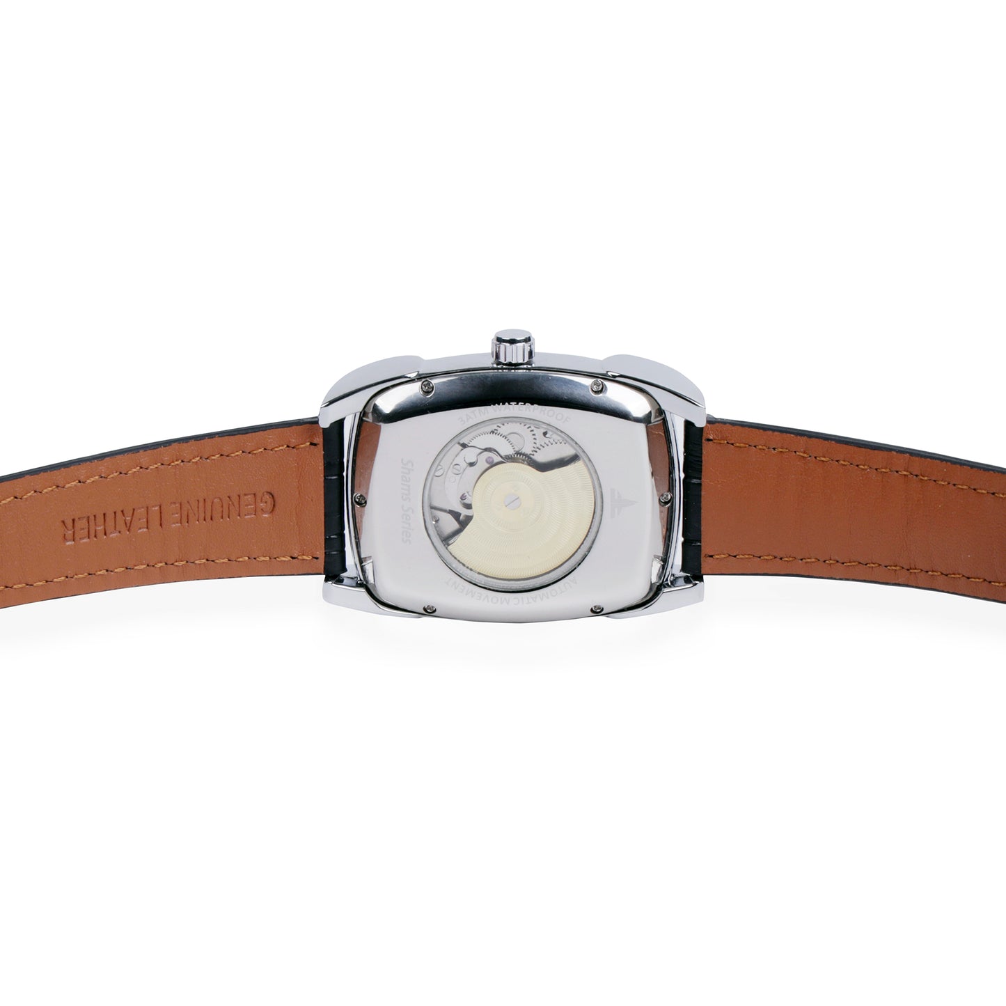 Aquo Ishraq automatic men watch white dial bright silver case black genuine leather crocodile design belt sun and moon dial skeleton design backcase movement window silver trim