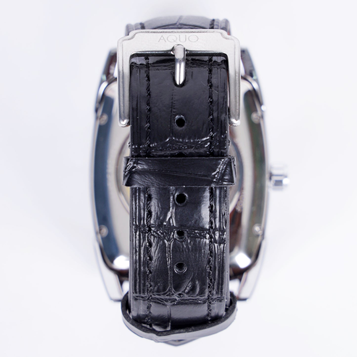 Aquo Ishraq automatic men watch white dial bright silver case black genuine leather crocodile design belt sun and moon dial skeleton design backcase movement window silver trim