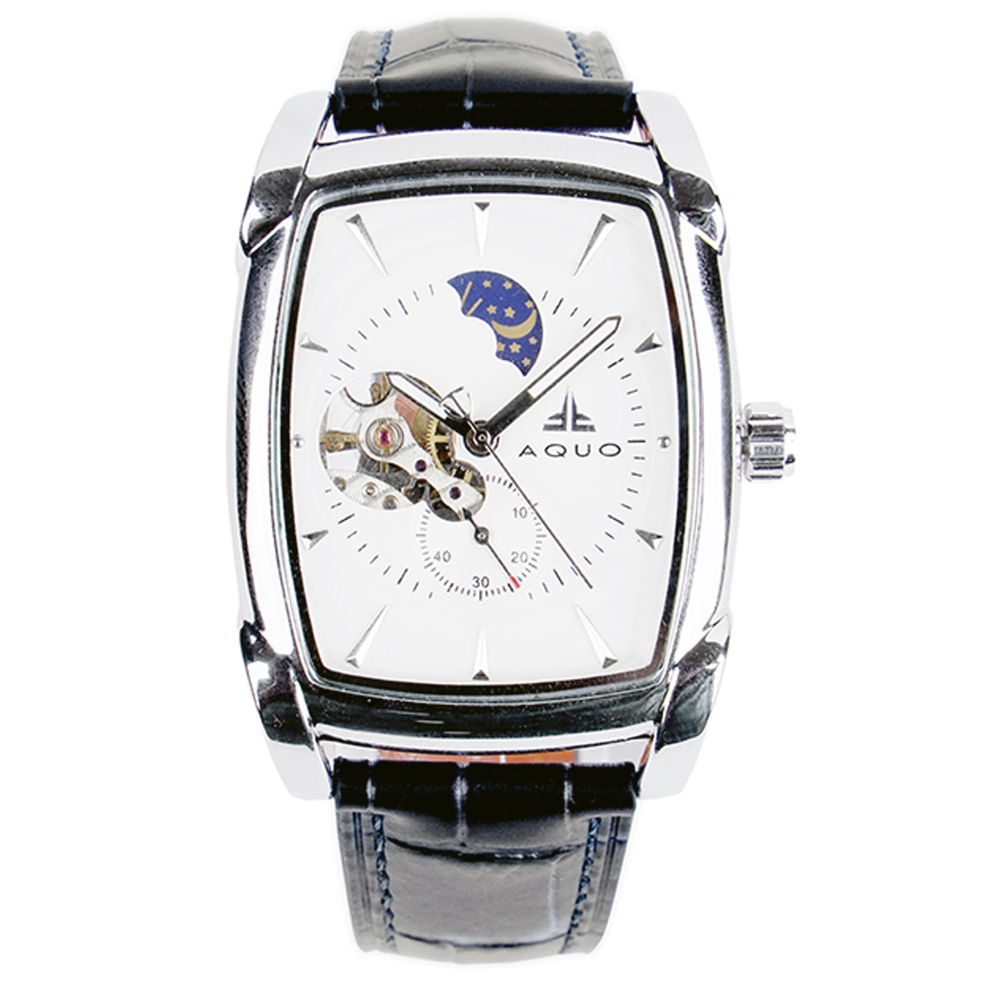 Aquo Ishraq automatic men watch white dial bright silver case black genuine leather crocodile design belt sun and moon dial skeleton design backcase movement window silver trim