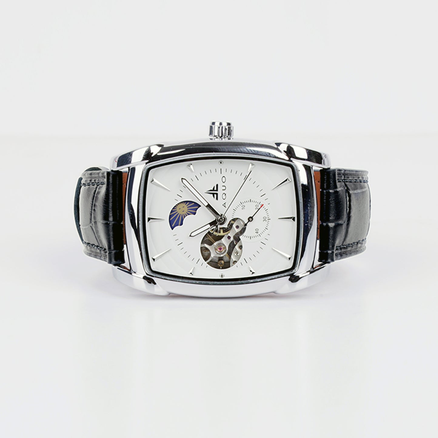 Aquo Ishraq automatic men watch white dial bright silver case black genuine leather crocodile design belt sun and moon dial skeleton design backcase movement window silver trim