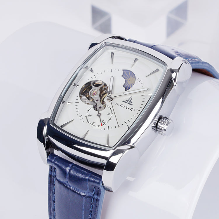 Aquo Nightfall automatic men watch white dial bright silver case royal blue genuine leather crocodile design belt sun and moon dial skeleton design backcase movement window silver trim
