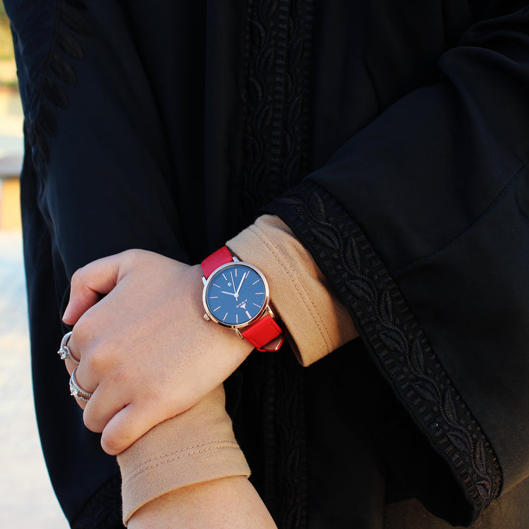 Aquo Scarlet women black dial rose gold case bright crimson red genuine leather belt date classy elegant red rose
