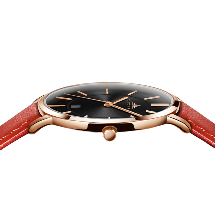 Aquo Scarlet women black dial rose gold case bright crimson red genuine leather belt date classy elegant red rose