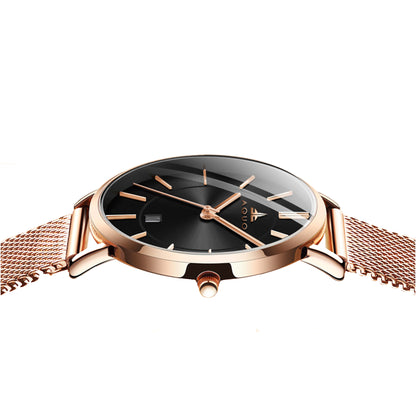 Aquo Amber women watch black dial rose gold case golden mesh belt steel date classy