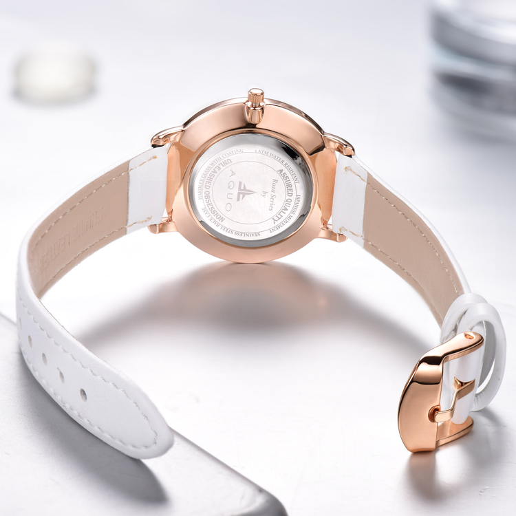 Aquo Avon women blue dial rose gold case white genuine leather belt date classy elegant white rose