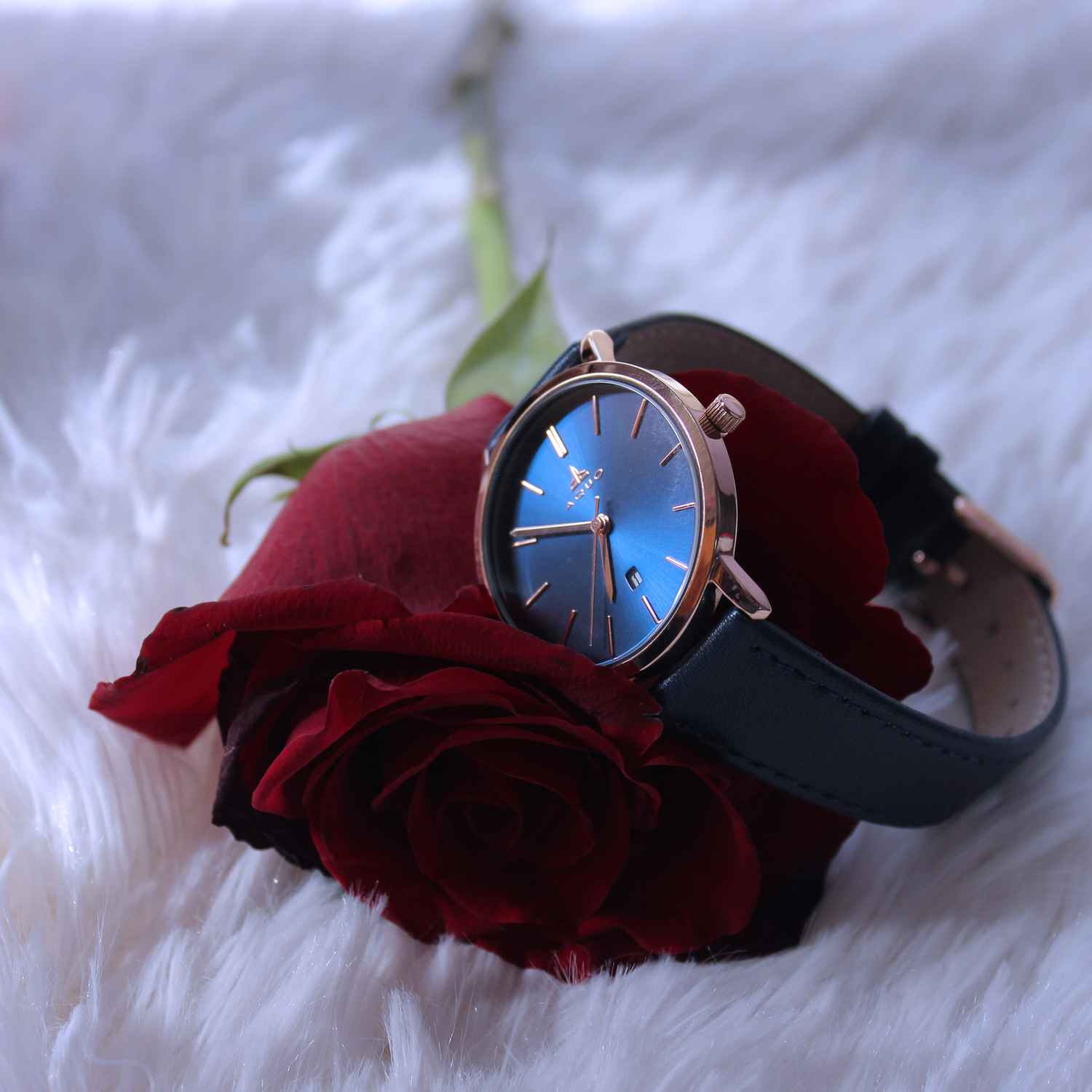 Aquo Azure women blue dial rose gold case blue genuine leather belt date classy elegant blue rose