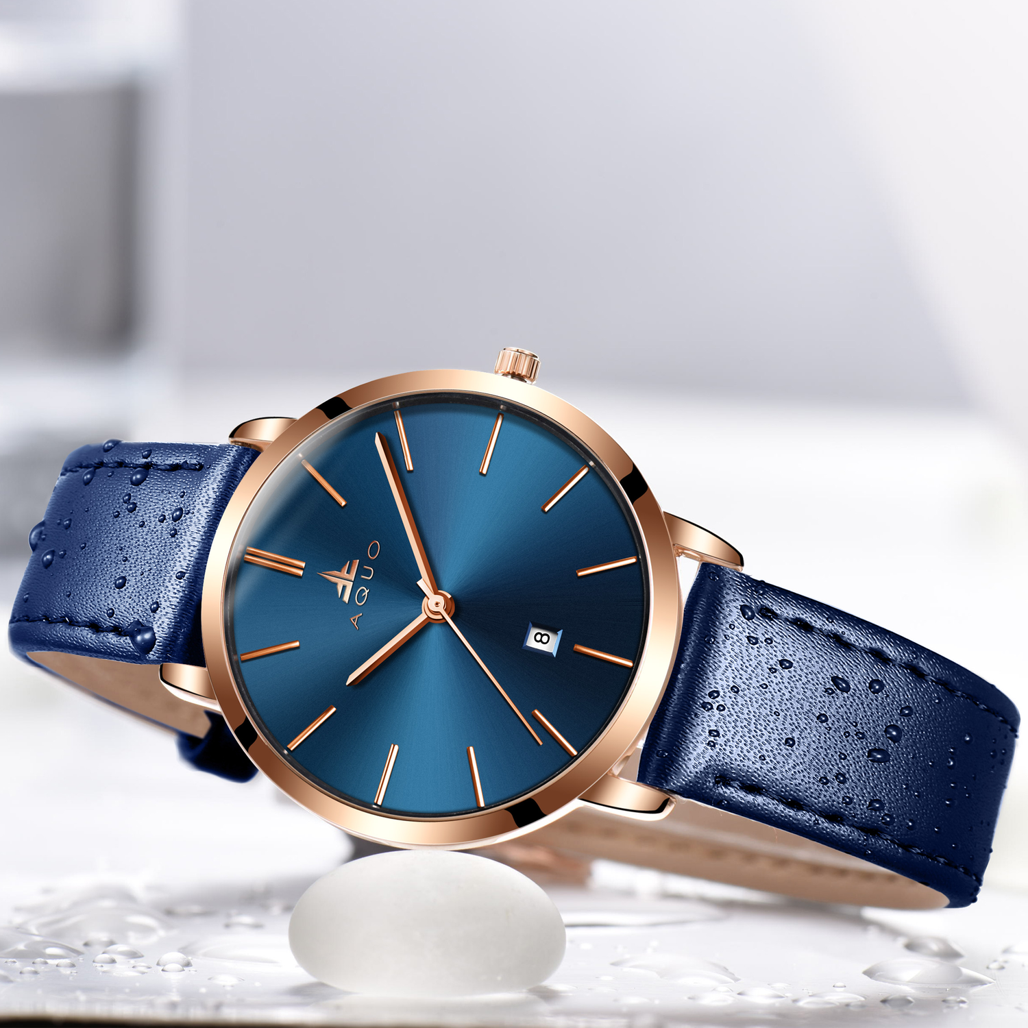 Aquo Azure women blue dial rose gold case blue genuine leather belt date classy elegant blue rose