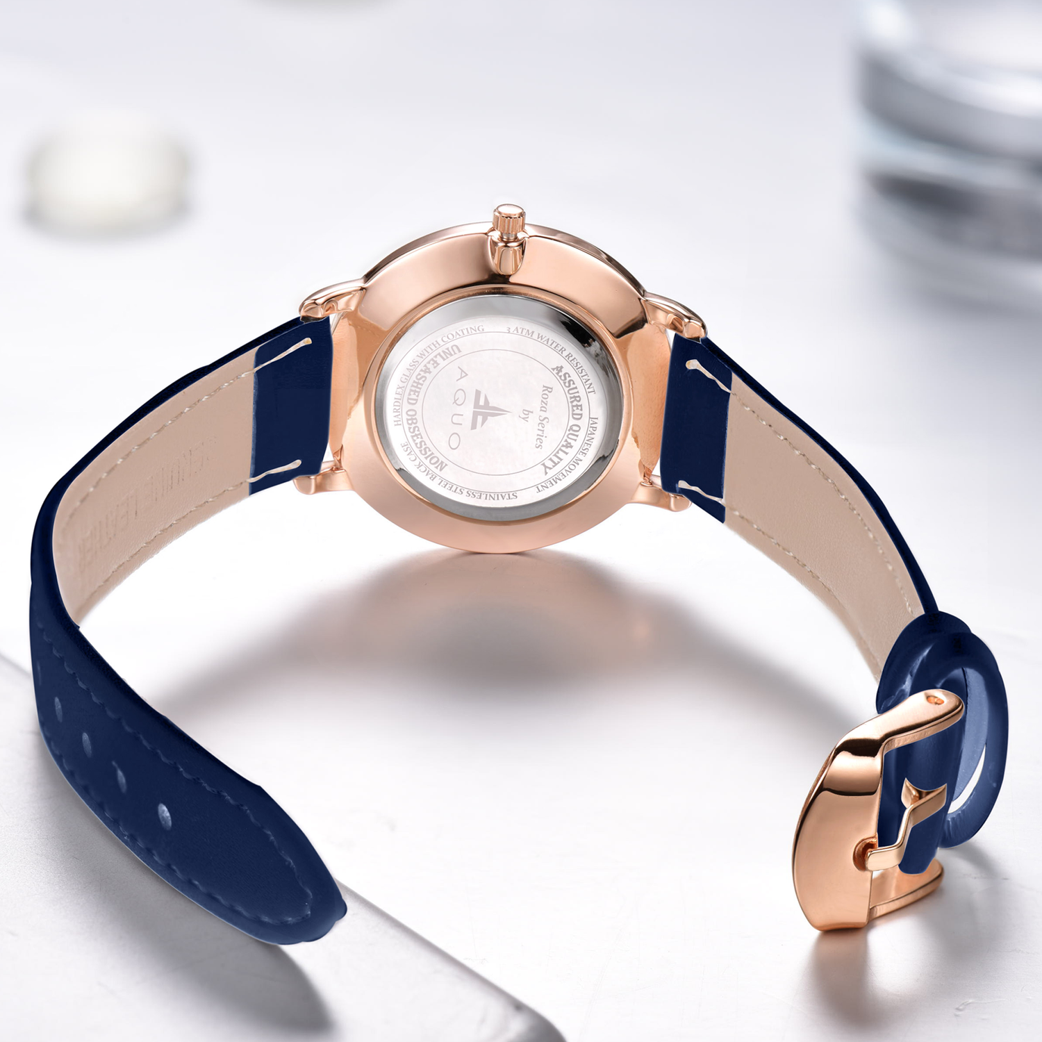 Aquo Azure women blue dial rose gold case blue genuine leather belt date classy elegant blue rose