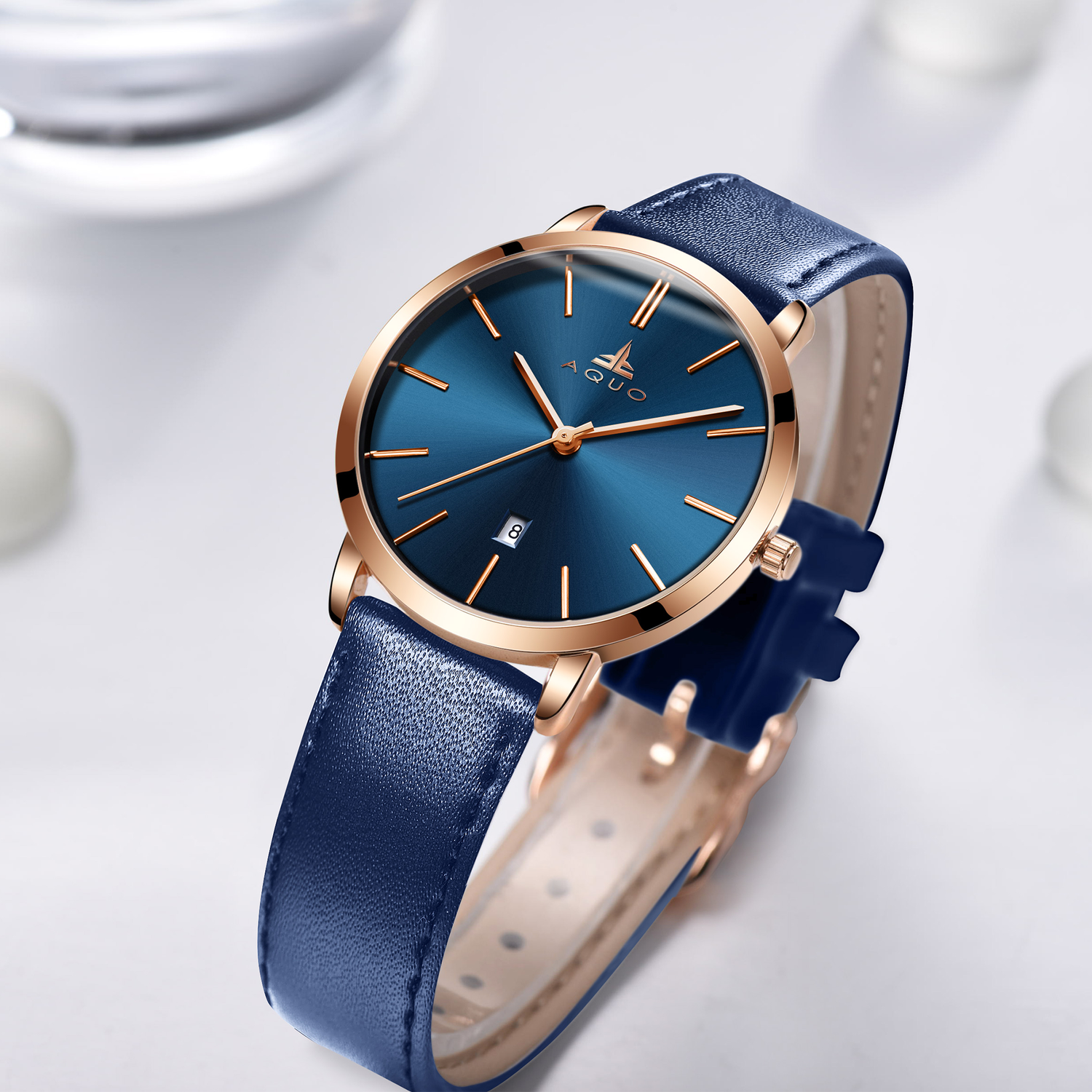 Aquo Azure women blue dial rose gold case blue genuine leather belt date classy elegant blue rose