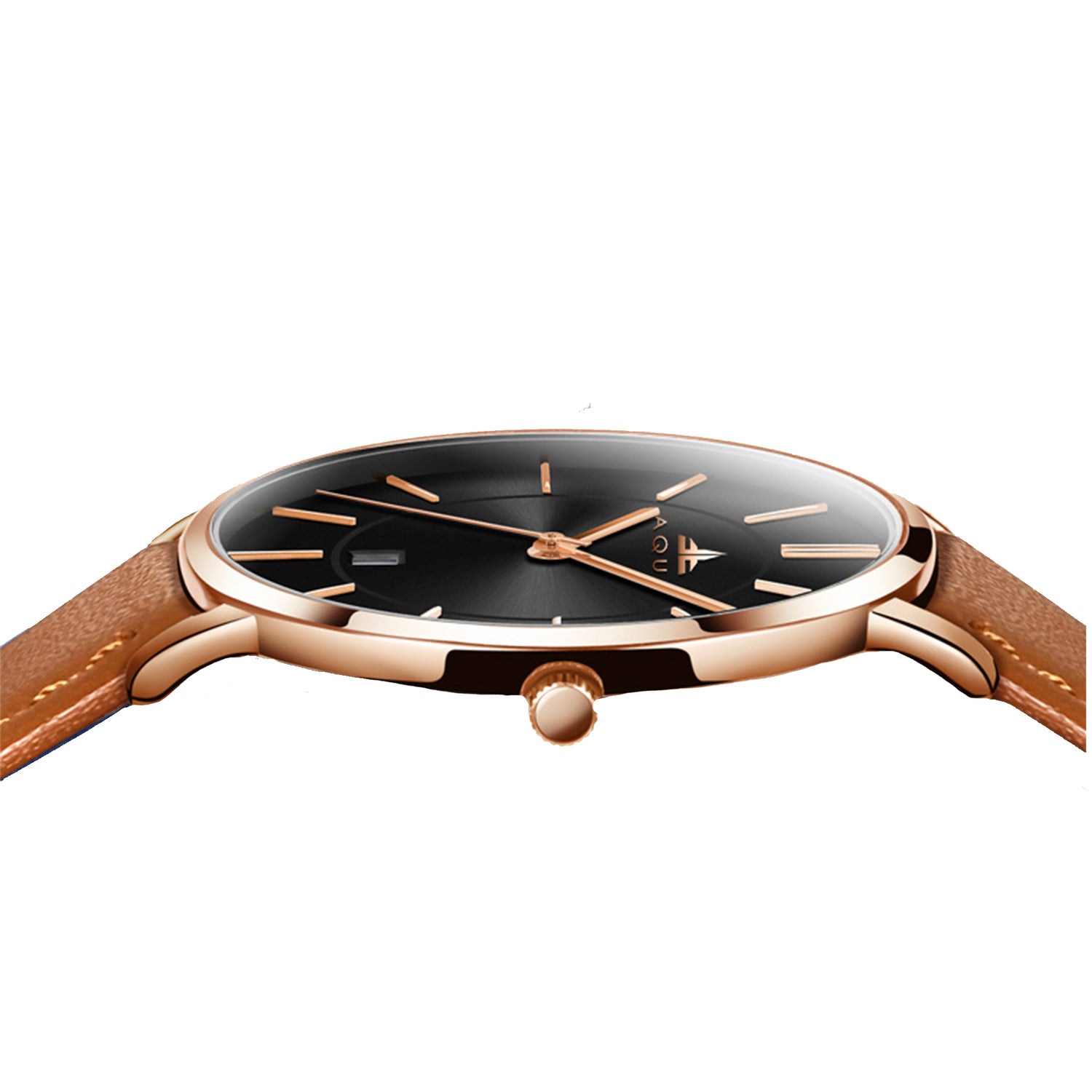 Aquo Celosia women black dial rose gold case orange tan genuine leather belt date classy elegant orange rose