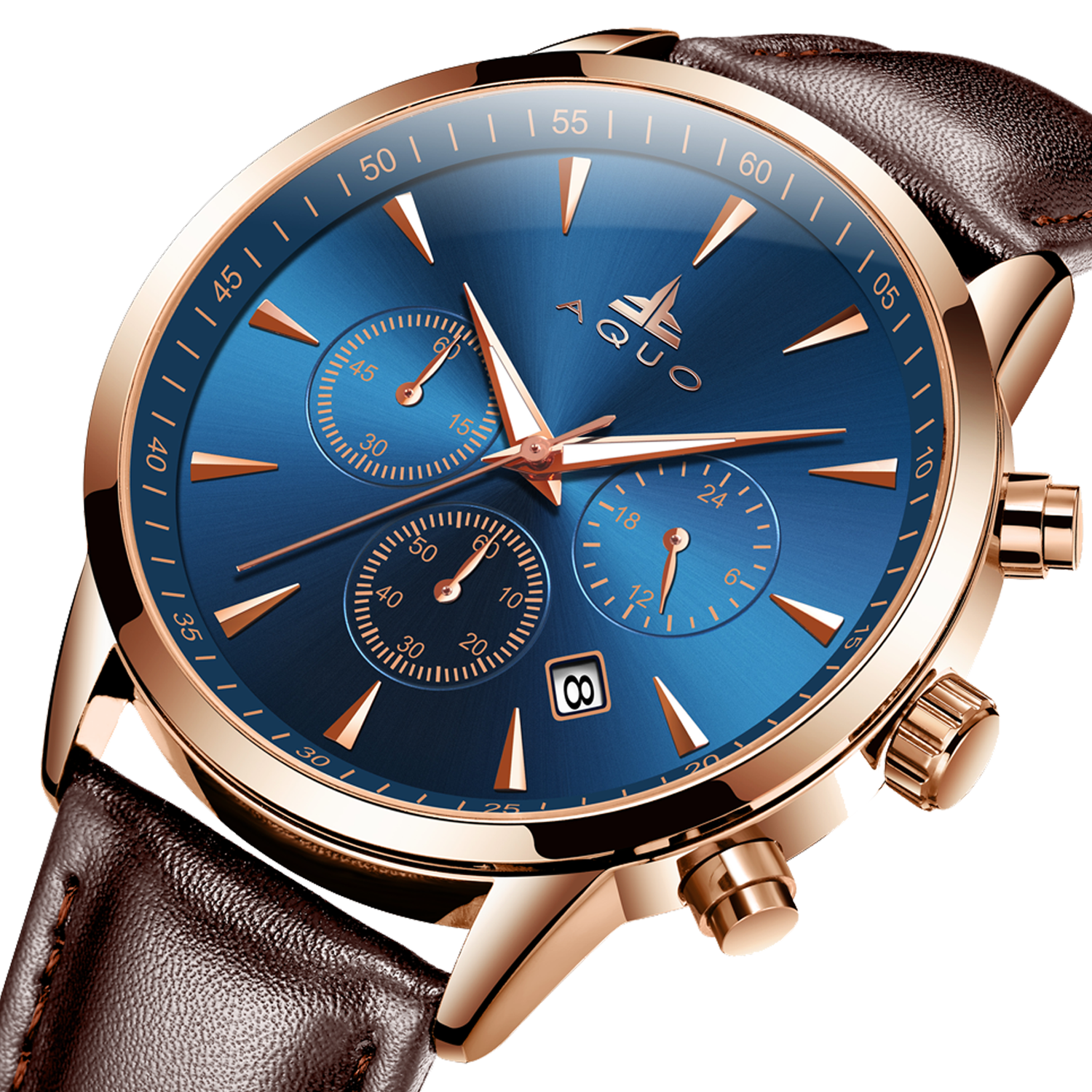 Aquo Chestnut men watch blue dial rose gold case dark chocolate brown genuine leather belt chronograph function with date formal casual