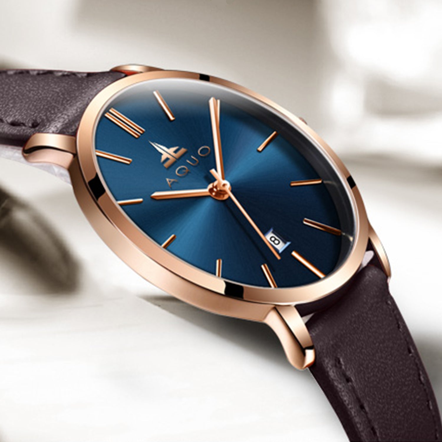 Aquo Cosmos women blue dial rose gold case dark chocolate brown genuine leather belt date classy elegant brown rose