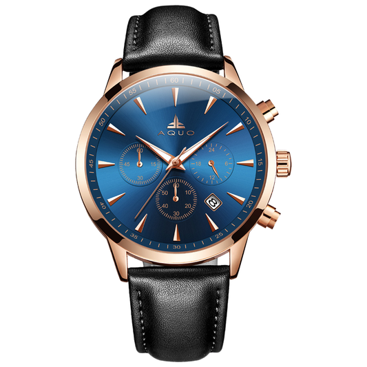 Aquo Ebony men watch blue dial rose gold case dark black genuine leather belt chronograph function with date formal casual lightweight