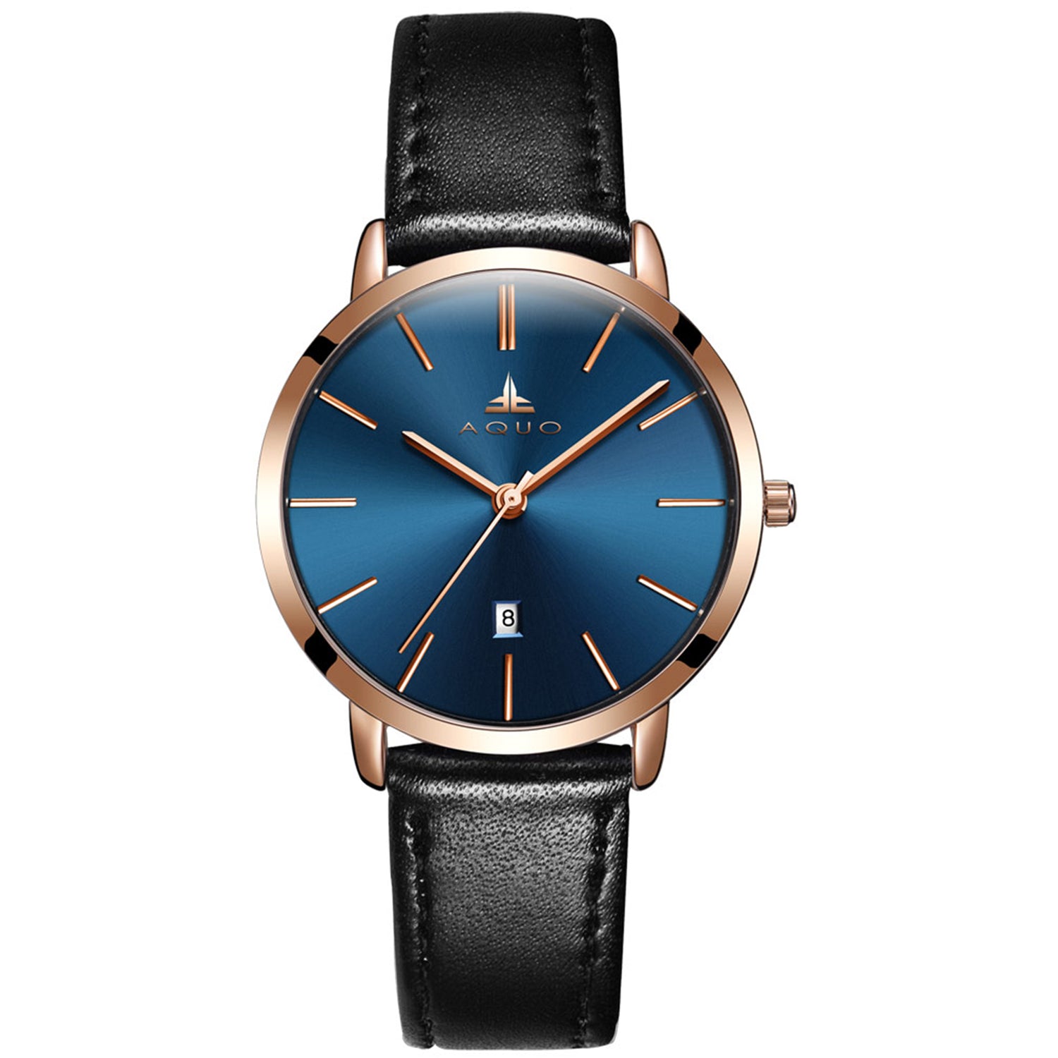 Aquo Iris women blue dial rose gold case dark black genuine leather belt date classy elegant black rose