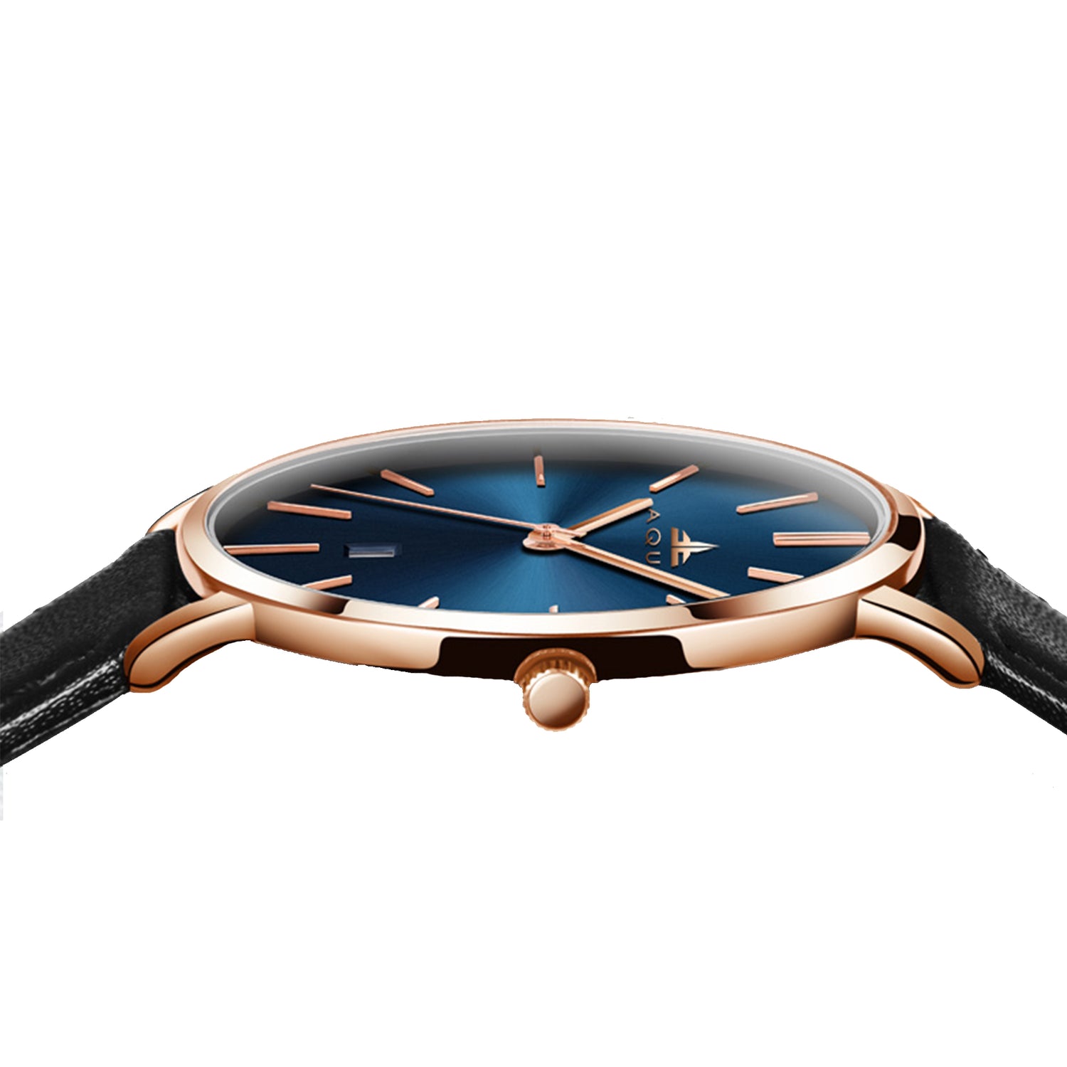 Aquo Iris women blue dial rose gold case dark black genuine leather belt date classy elegant black rose