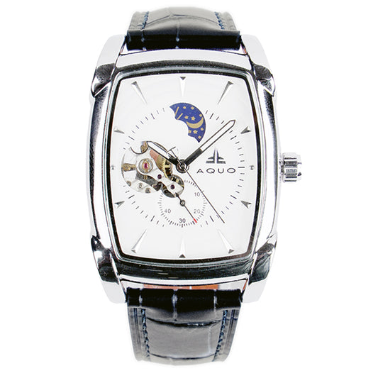 Aquo Ishraq automatic men watch white dial bright silver case black genuine leather crocodile design belt sun and moon dial skeleton design backcase movement window silver trim