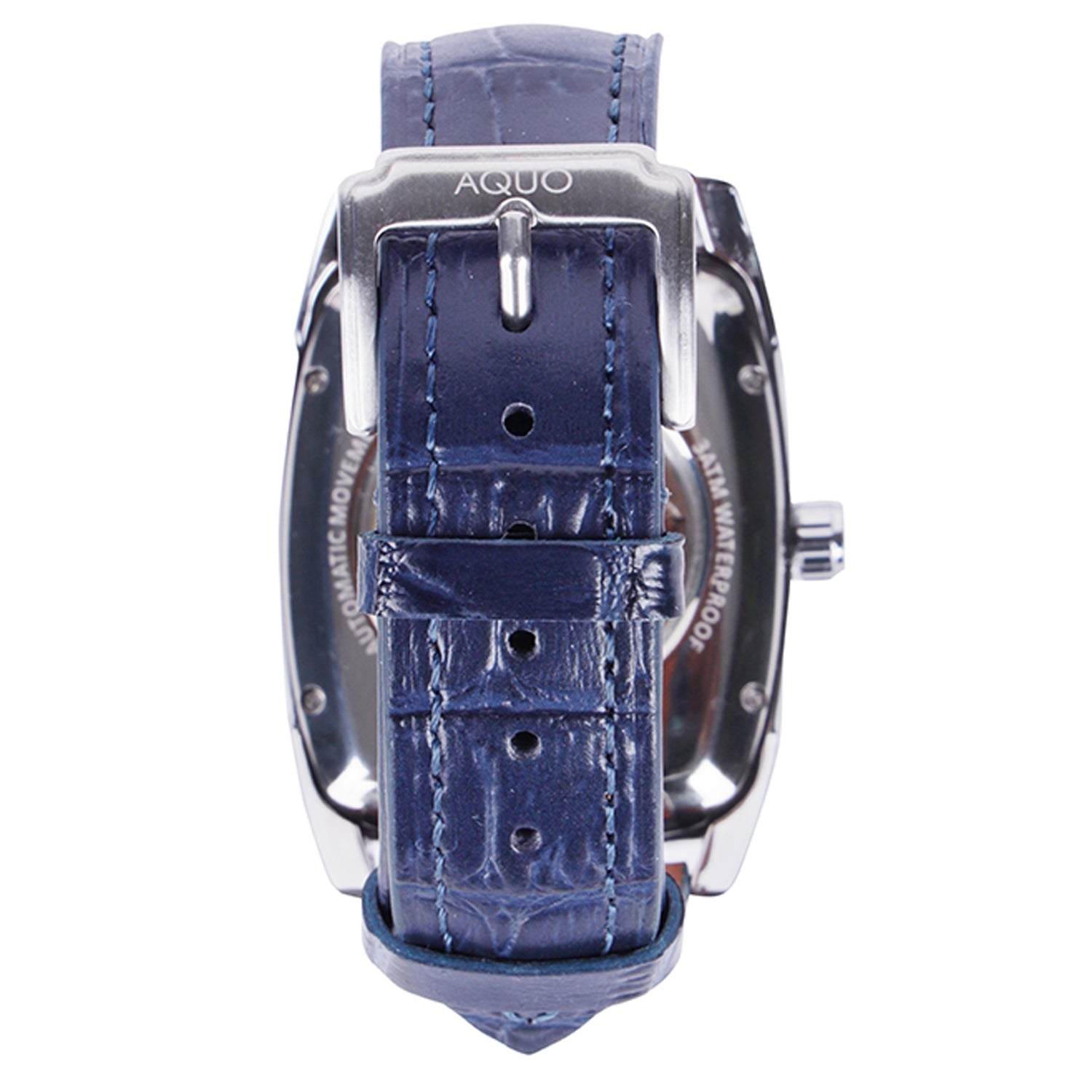 Aquo Nightfall automatic men watch white dial bright silver case royal blue genuine leather crocodile design belt sun and moon dial skeleton design backcase movement window silver trim