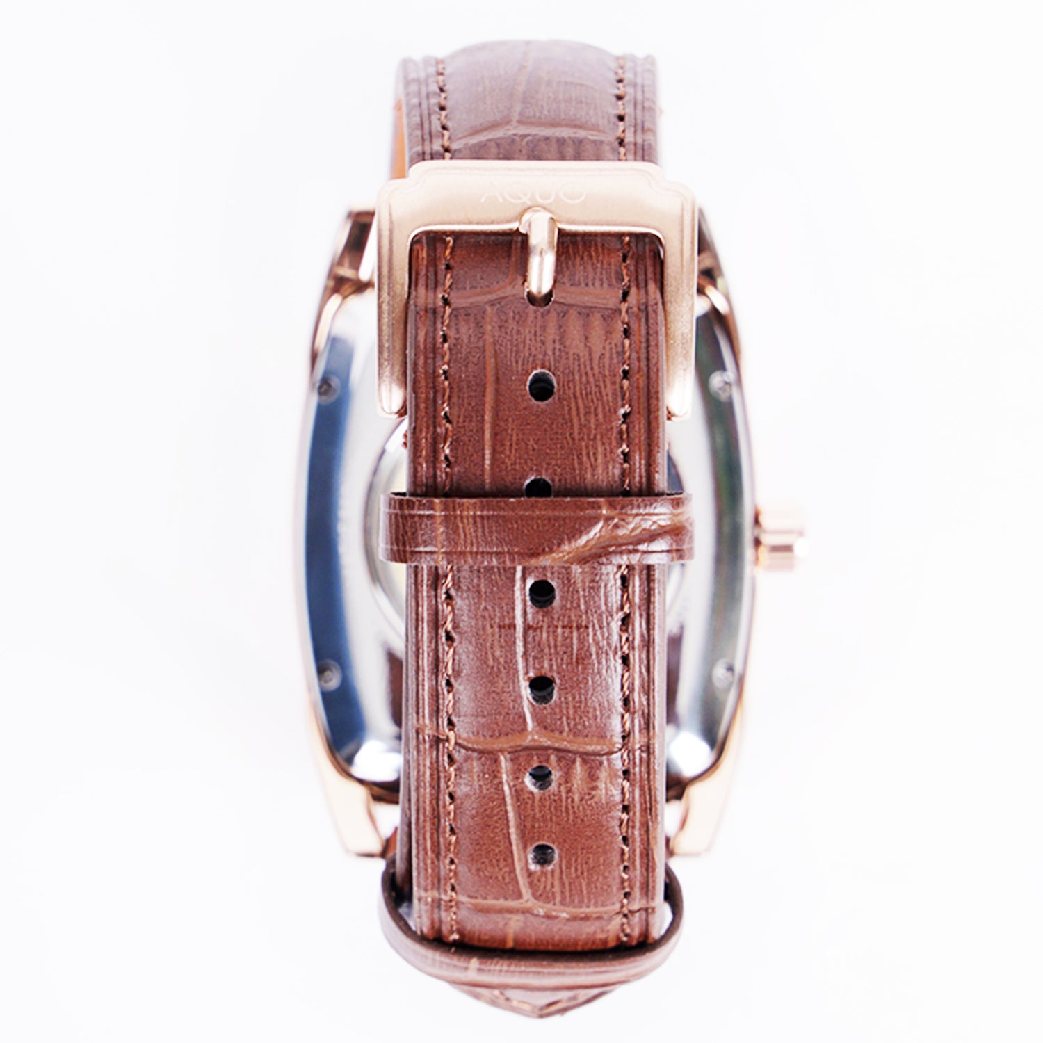 Aquo Noor automatic men watch black dial rose gold case tan brown genuine leather crocodile design belt sun and moon dial skeleton design backcase movement window gold trim