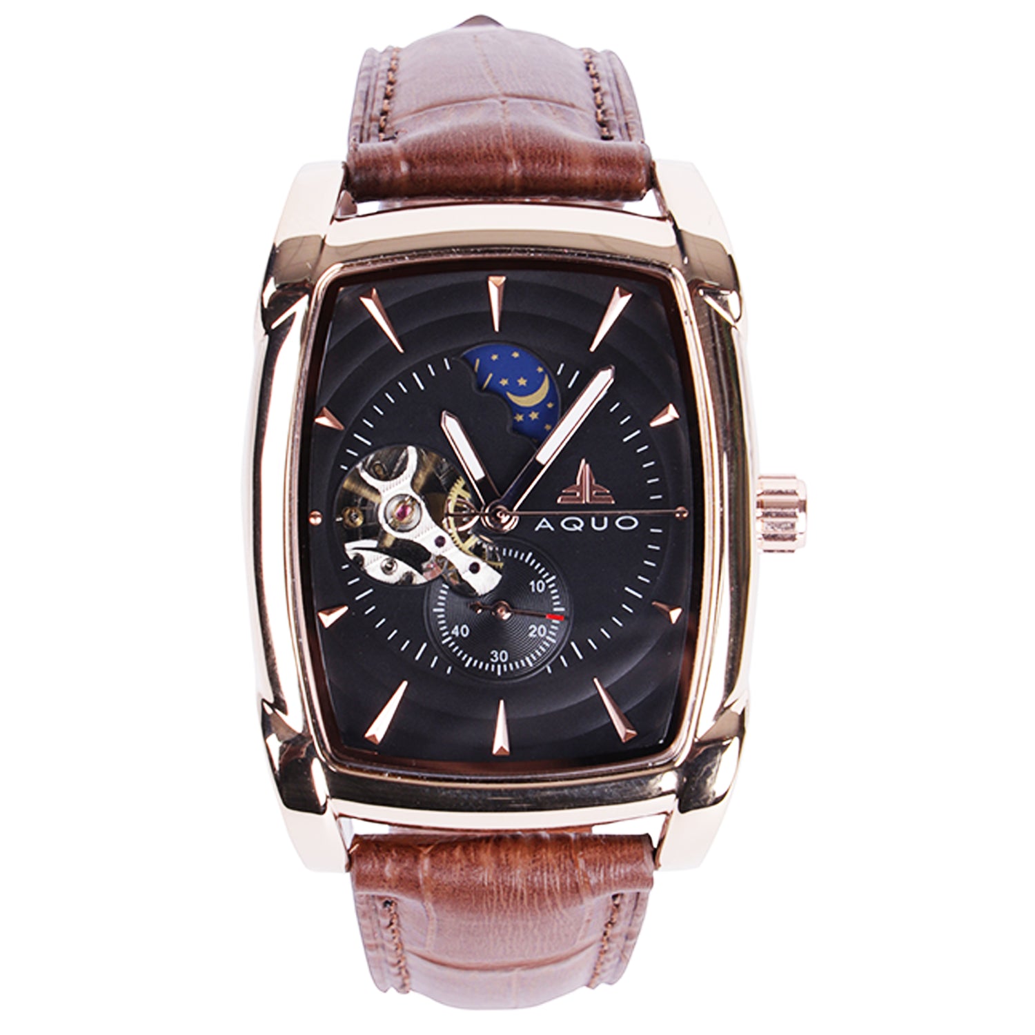 Aquo Noor automatic men watch black dial rose gold case tan brown genuine leather crocodile design belt sun and moon dial skeleton design backcase movement window gold trim