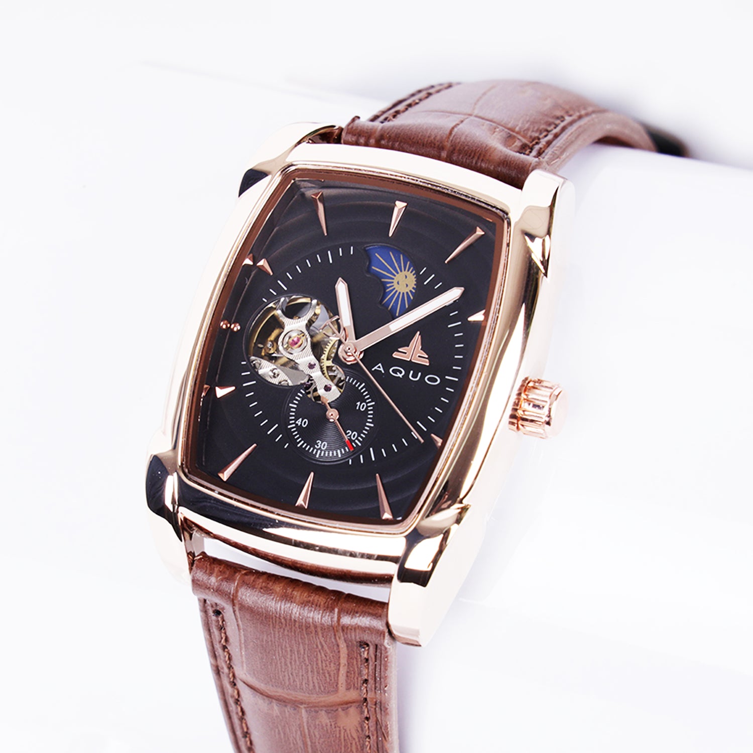 Aquo Noor automatic men watch black dial rose gold case tan brown genuine leather crocodile design belt sun and moon dial skeleton design backcase movement window gold trim