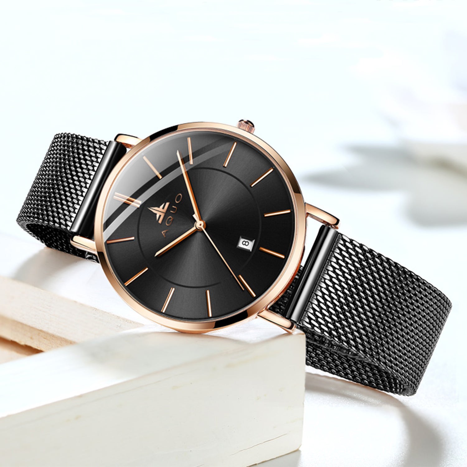 Aquo Odessa women watch black dial rose gold case black mesh belt steel date classy elegant sheen black rose best seller