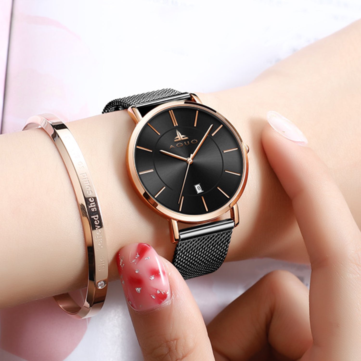 Aquo Odessa women watch black dial rose gold case black mesh belt steel date classy elegant sheen black rose best seller