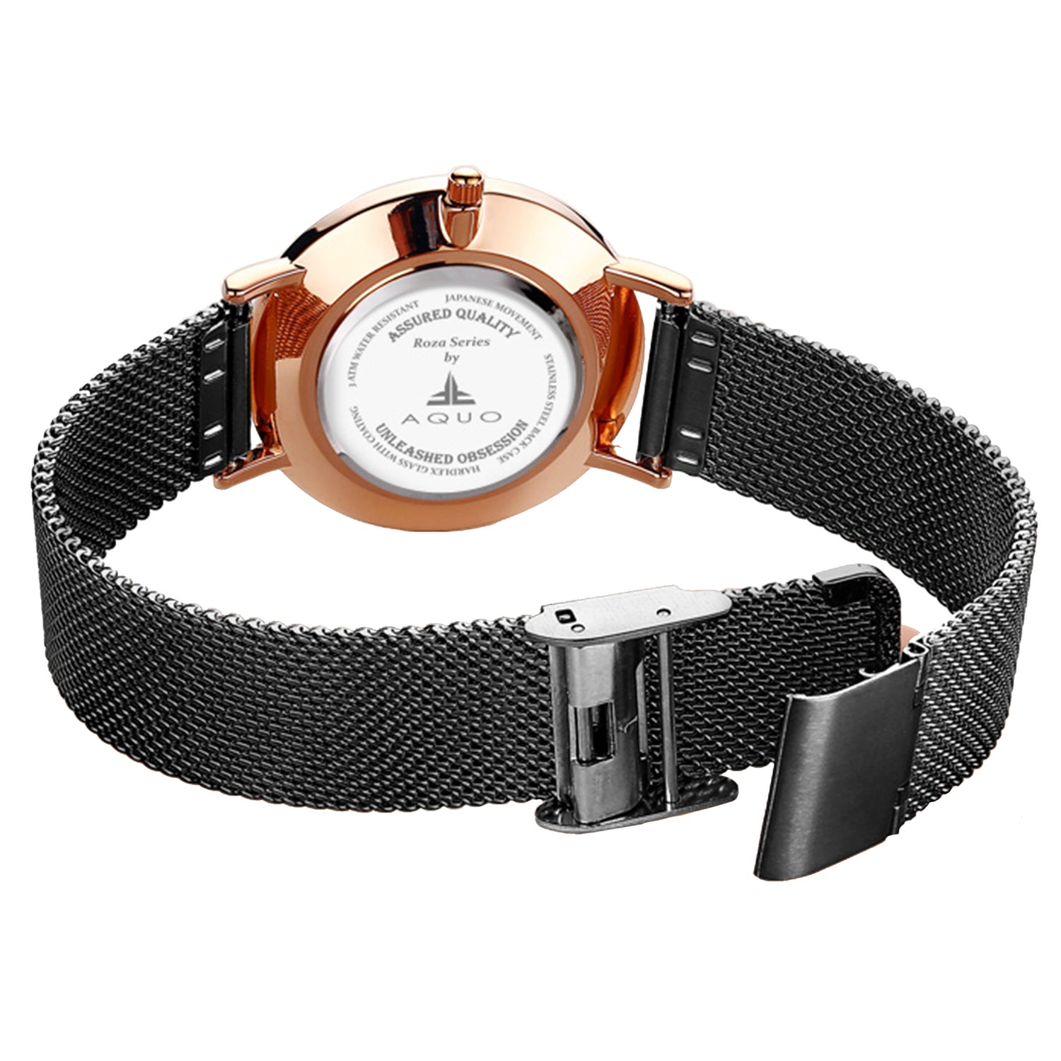 Aquo Odessa women watch black dial rose gold case black mesh belt steel date classy elegant sheen black rose best seller