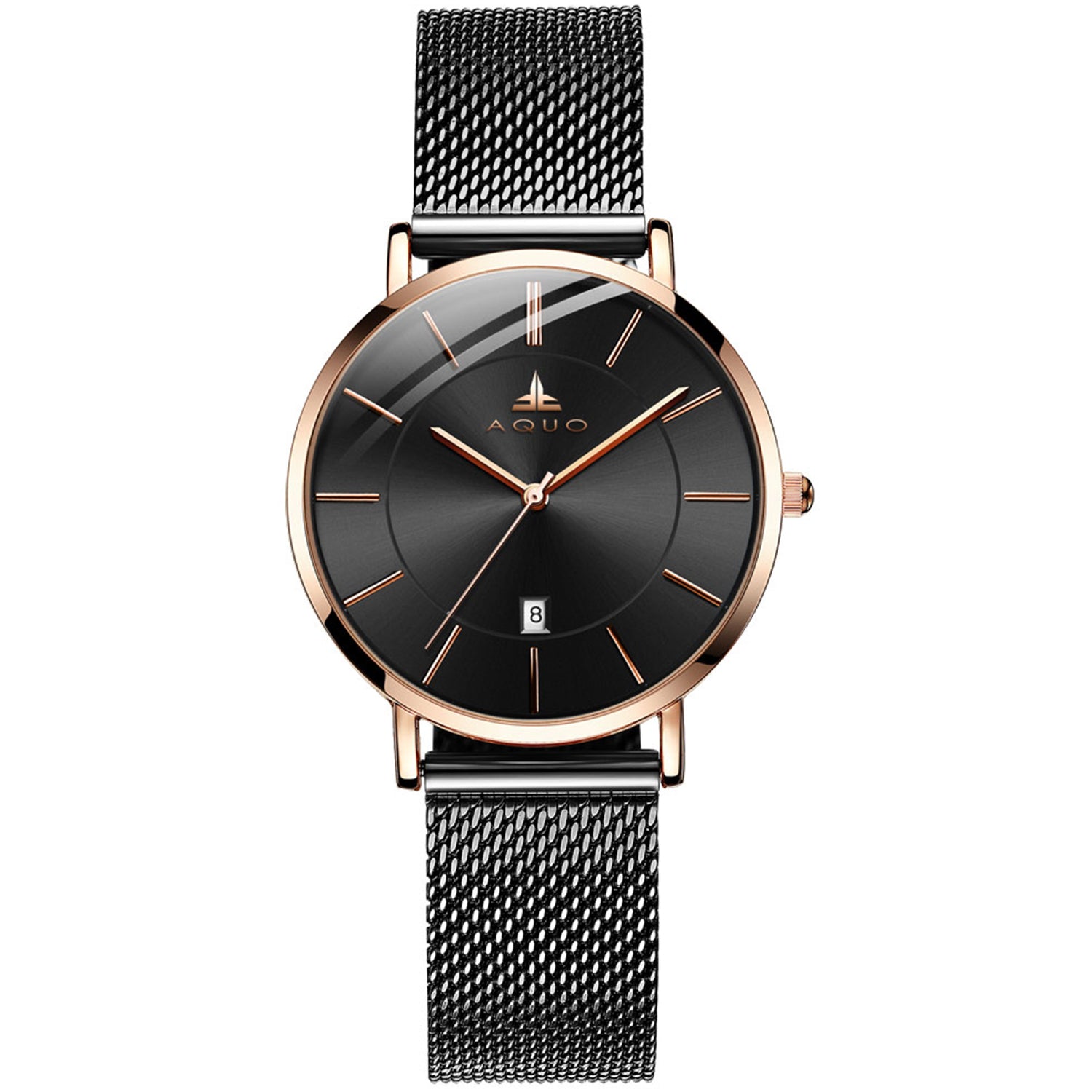 Aquo Odessa women watch black dial rose gold case black mesh belt steel date classy elegant sheen black rose best seller