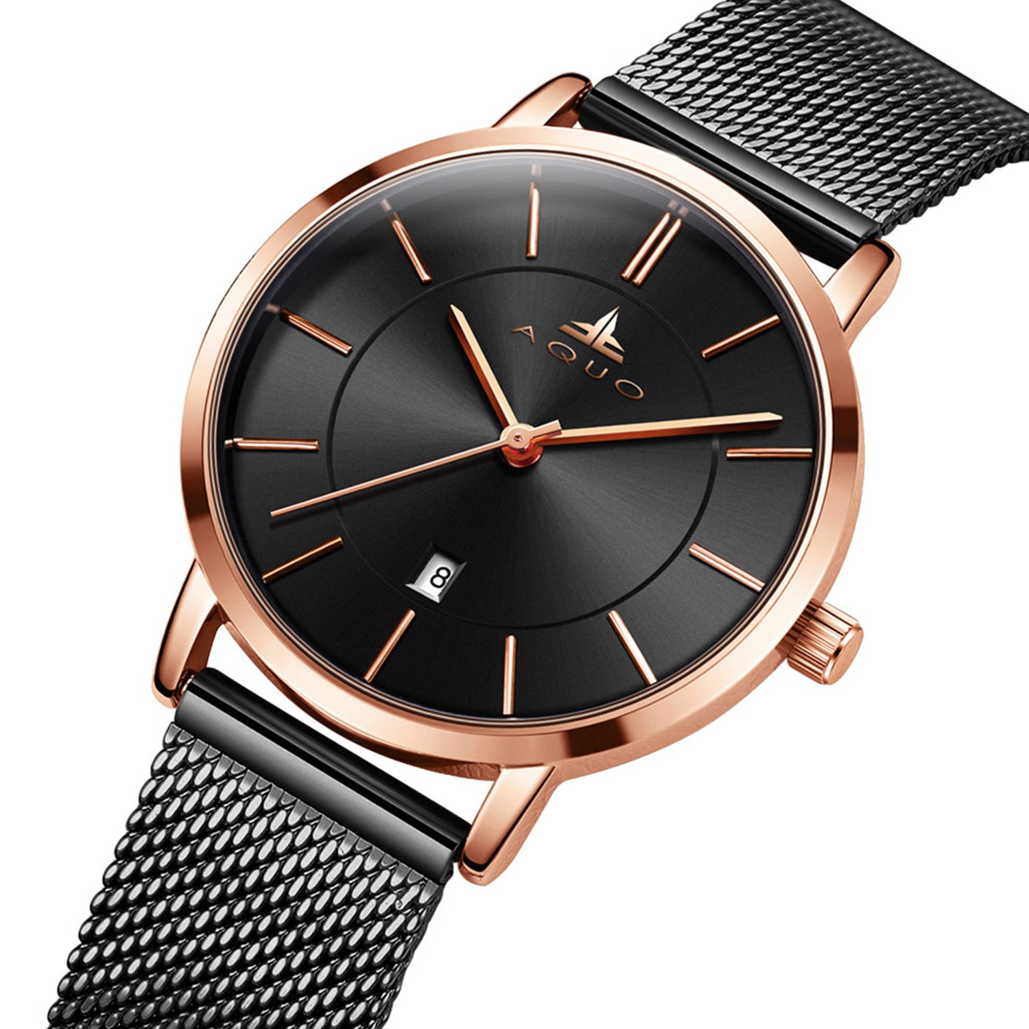 Aquo Odessa women watch black dial rose gold case black mesh belt steel date classy elegant sheen black rose best seller