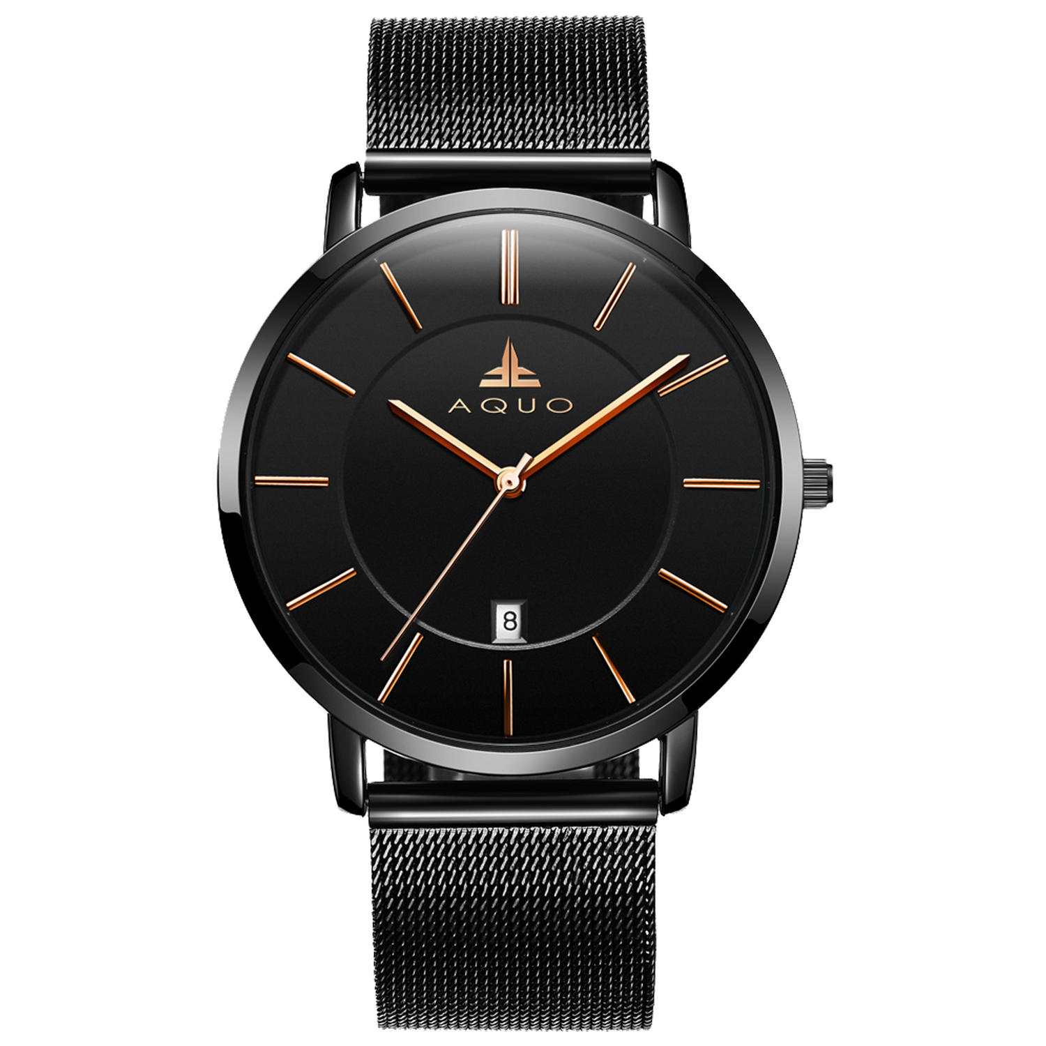 Aquo Phantom men watch black dial black case black mesh belt steel rose golden numbers date window classy elegant