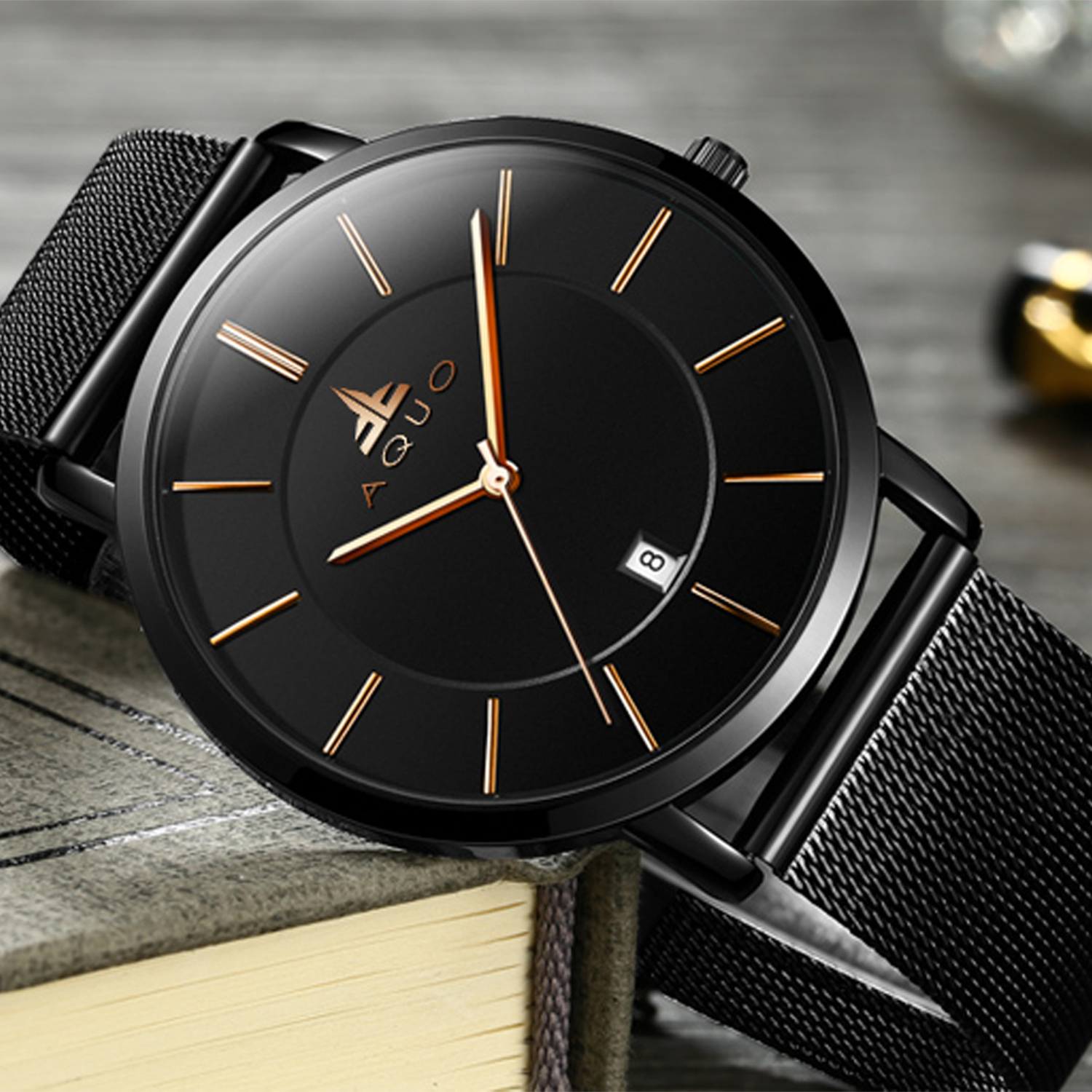 Aquo Phantom men watch black dial black case black mesh belt steel rose golden numbers date window classy elegant