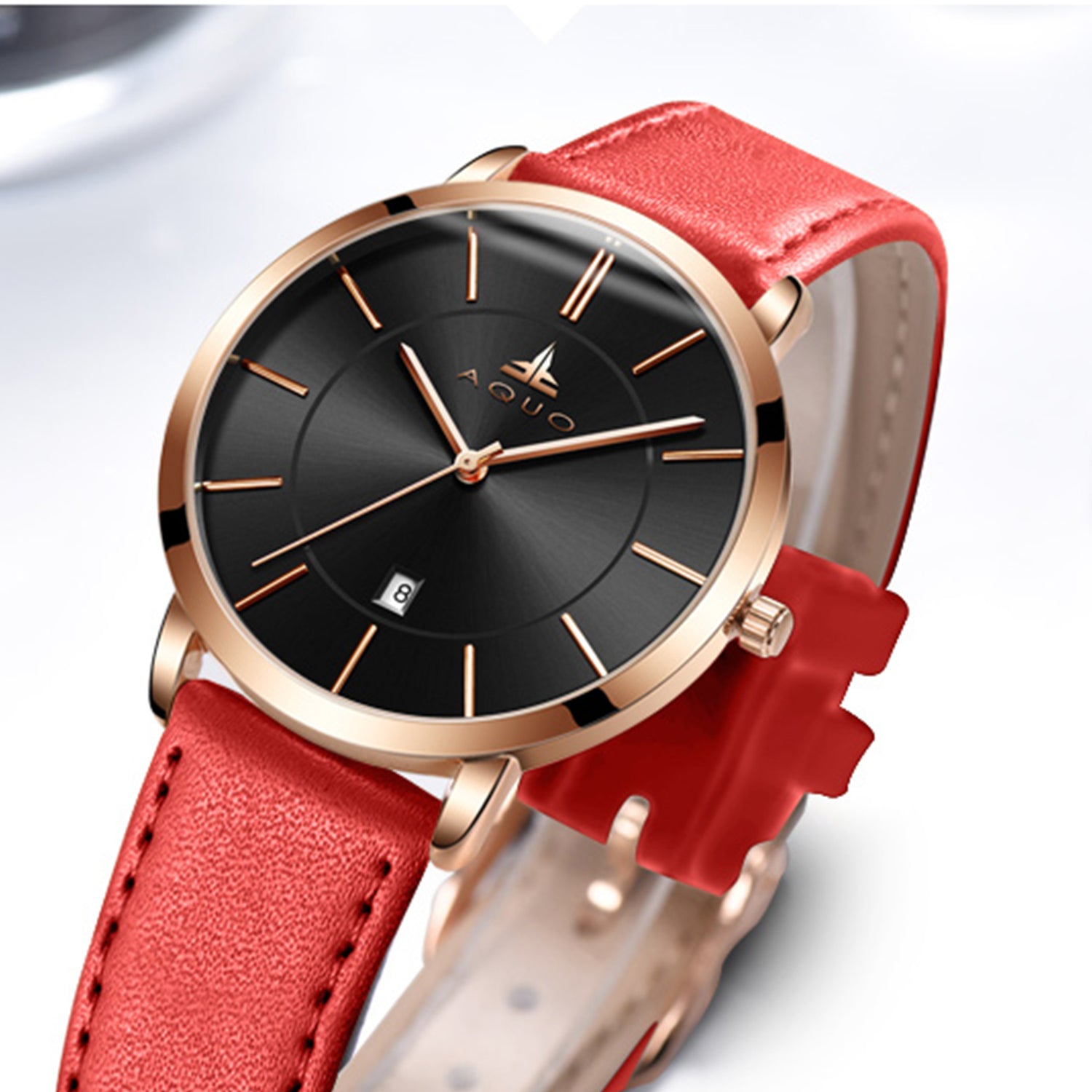 Aquo Scarlet women black dial rose gold case bright crimson red genuine leather belt date classy elegant red rose