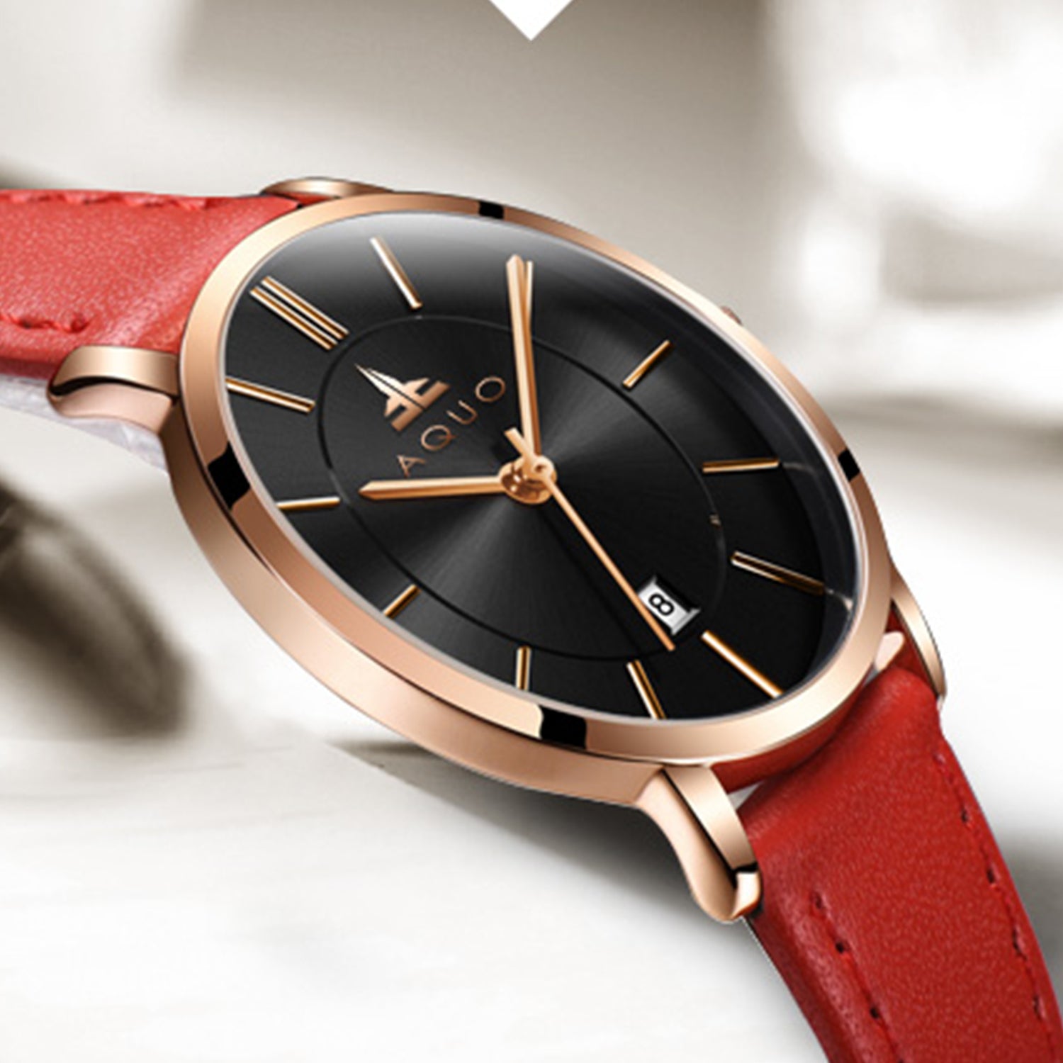 Aquo Scarlet women black dial rose gold case bright crimson red genuine leather belt date classy elegant red rose