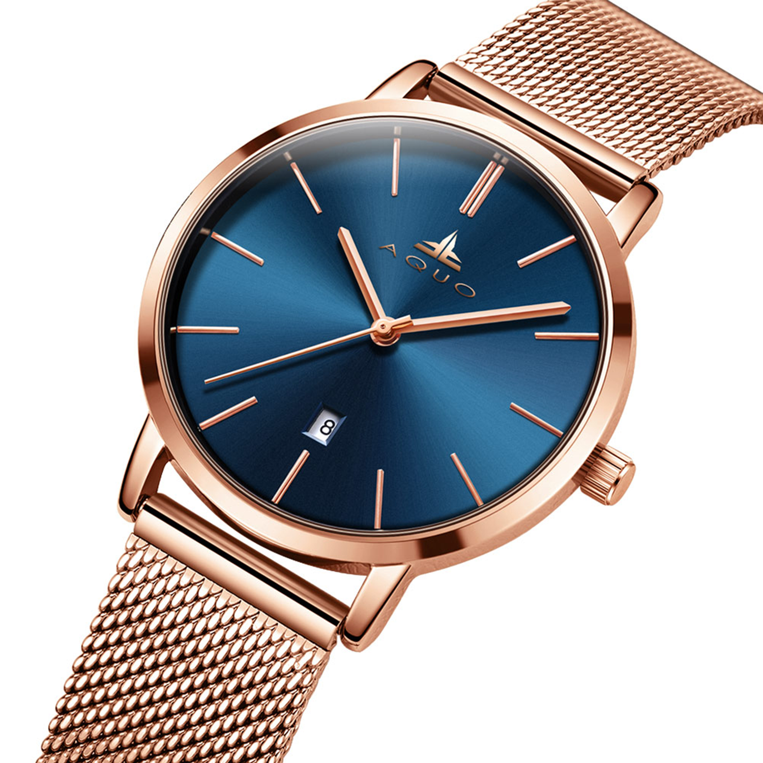 Aquo Sunsprite women watch blue dial rose gold case rose golden mesh belt steel date classy elegant yellow golden rose best seller