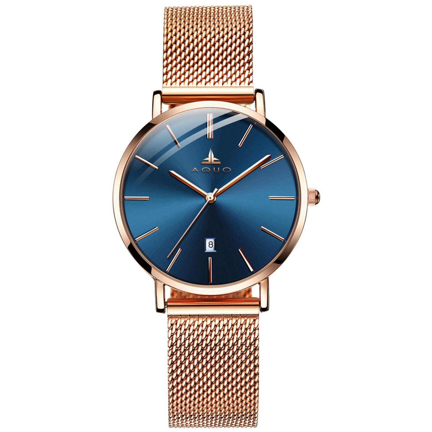 Aquo Sunsprite women watch blue dial rose gold case rose golden mesh belt steel date classy elegant yellow golden rose best seller